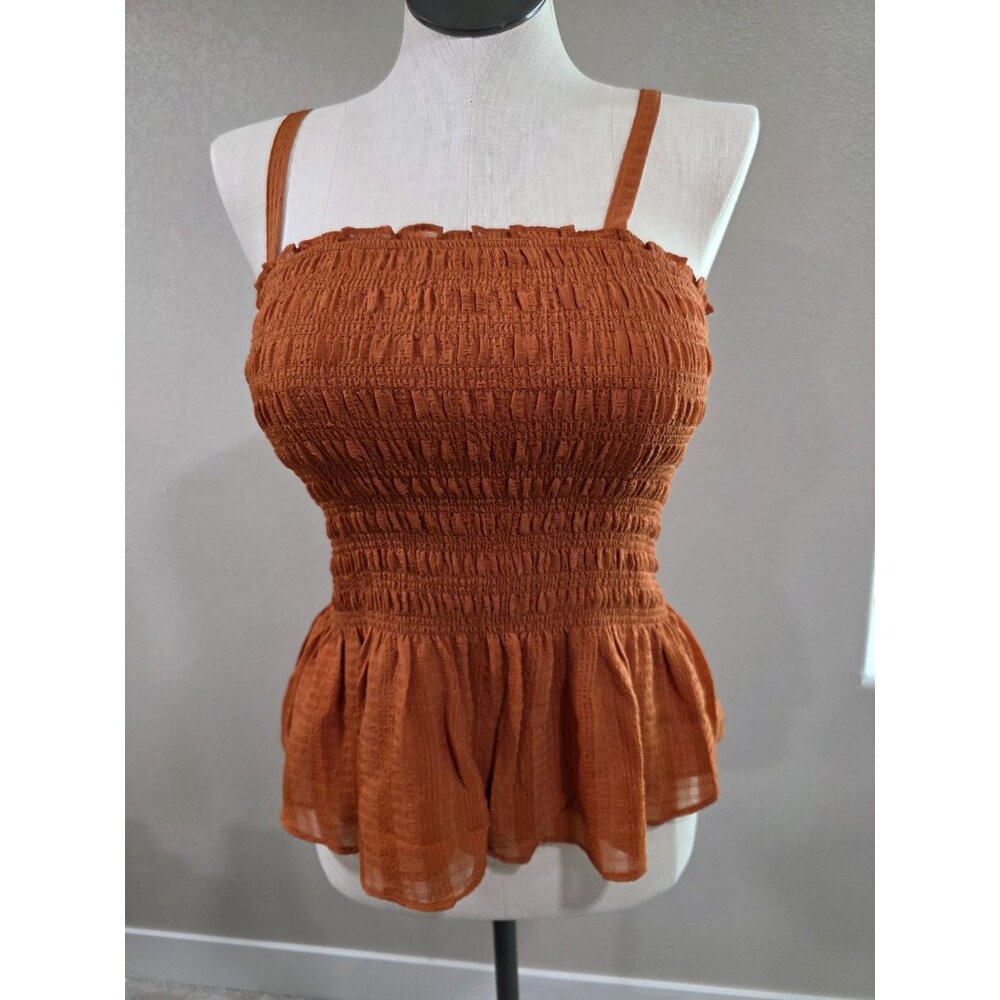 Smocked Peplum Tank Top With Adjustable Straps In Rust Orange By Torrid